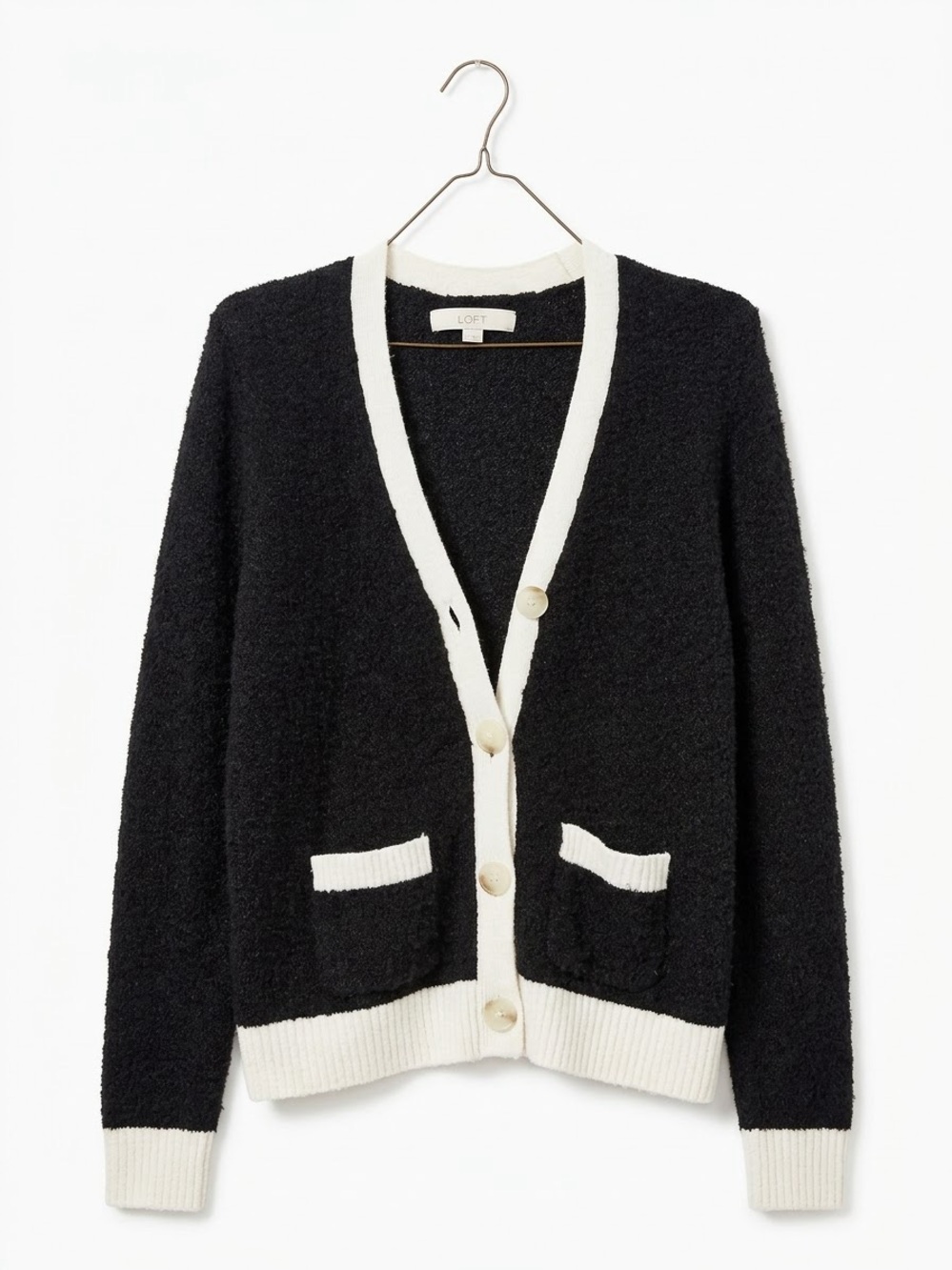 LOFT Black Cardigan with Cream Trim V-Neck Sweater